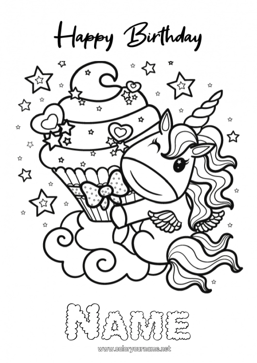 Coloring page to print Cake Birthday Kawaii Unicorn Complex coloring pages Happy Birthday (English) Message Dragons, unicorns and fantastic animals