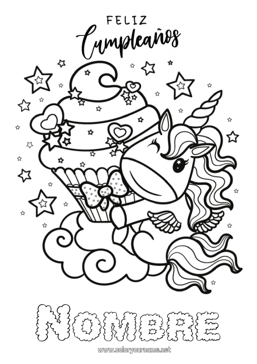 Dibujo para colorear para imprimir Tarta Cumpleaños Kawaii Unicornio Dibujos complejos para colorear Mensaje de feliz cumpleaños (inglés) Dragones, unicornios y animales fantásticos