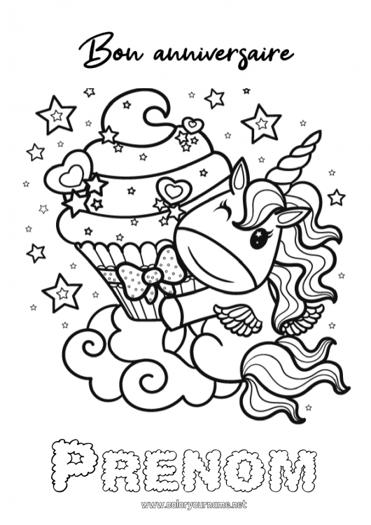 Coloriage à imprimer Gâteau Anniversaire Kawaii Licorne Coloriages complexes Joyeux anniversaire (français) Message Dragons, licornes et animaux fantastiques