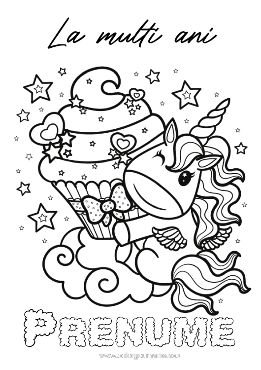 Pagină de colorat de imprimat Tort Aniversare Drăguț Unicornă Brioșă Desene de colorat complexe La mulți ani! Dragoni, unicorni și animale fantastice