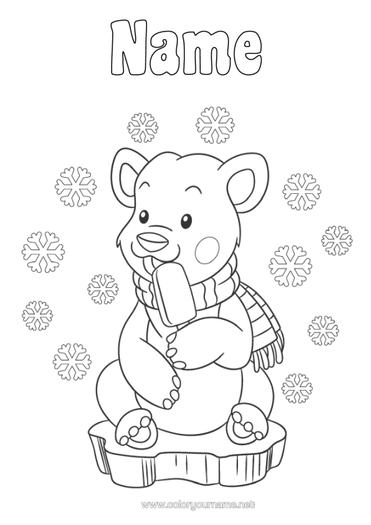 Colouring page to print Bear Winter Snowflakes Animal Forest Animals