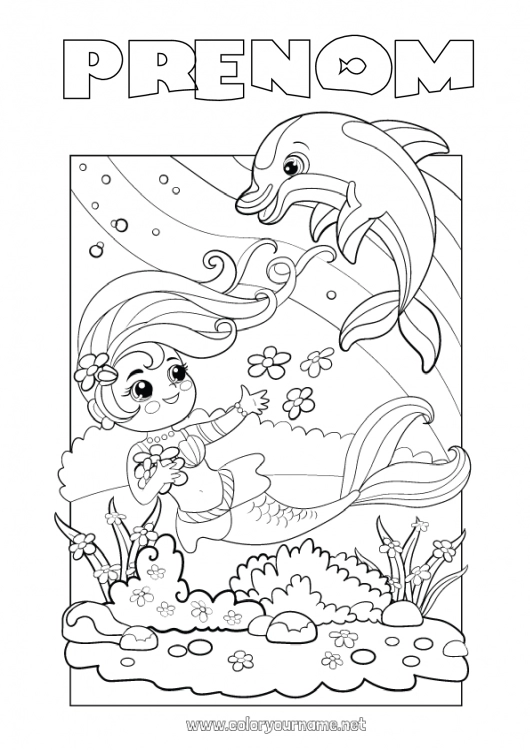 Coloriage à imprimer Mer Animal Dauphin Sirène Animaux marins ou aquatique