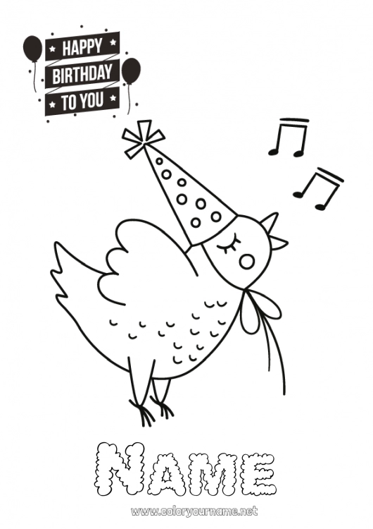 Coloring page to print Birthday Hen Animal Easy coloring pages Happy Birthday (English) Message Farm animals