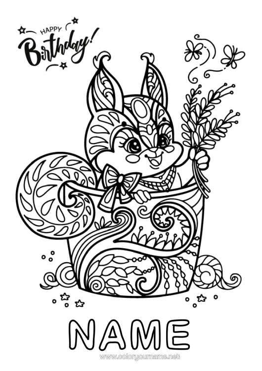 Colouring page to print Birthday Mandala Squirrel Complex Colouring Pages Happy Birthday Message Forest Animals