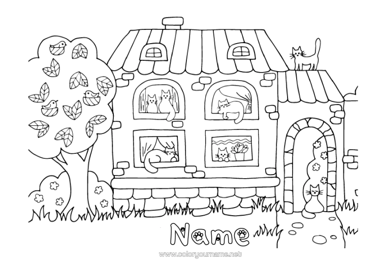Colouring page to print Cat Cute Animal House Dogs And Cats