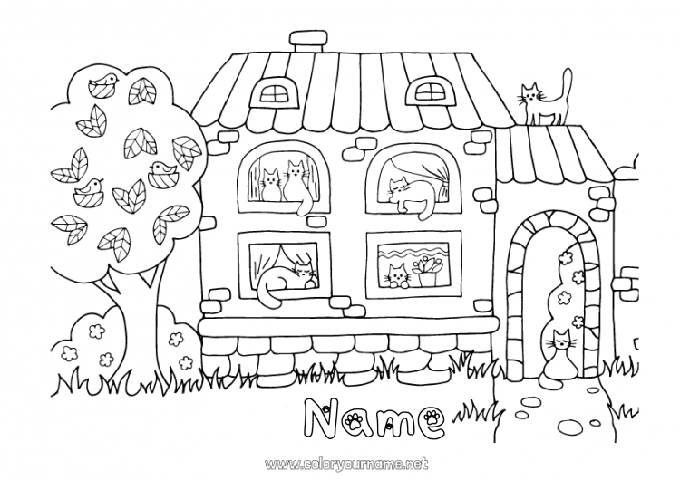 Coloring page to print Cat Kawaii Animal House Dog and cat