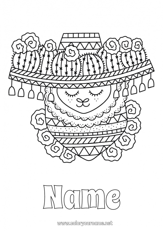 Coloring page to print Animal Llama Peru Other animals of the world Sombrero