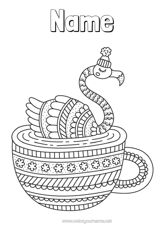 Colouring page to print Winter Mandala Bird Mug Animal Drink Pink Flamingo Birds And Flying Mammals