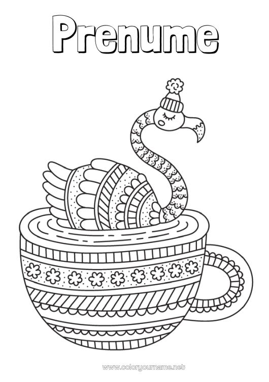 Pagină de colorat de imprimat Iarna Mandala Pasăre Cana Animal Băutură Flamingo roz Păsări și mamifere zburătoare