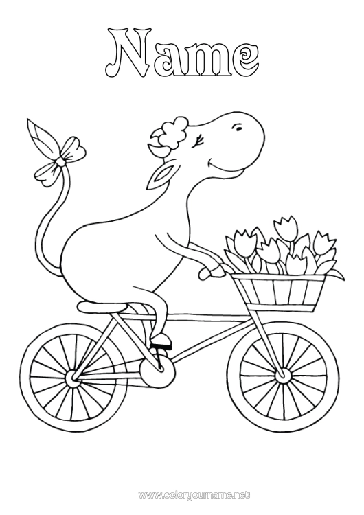 Colouring page to print Vehicles Animal Cow Intermediate Colouring Sheets Bicycle Farm Animals Two-Wheeled Vehicles
