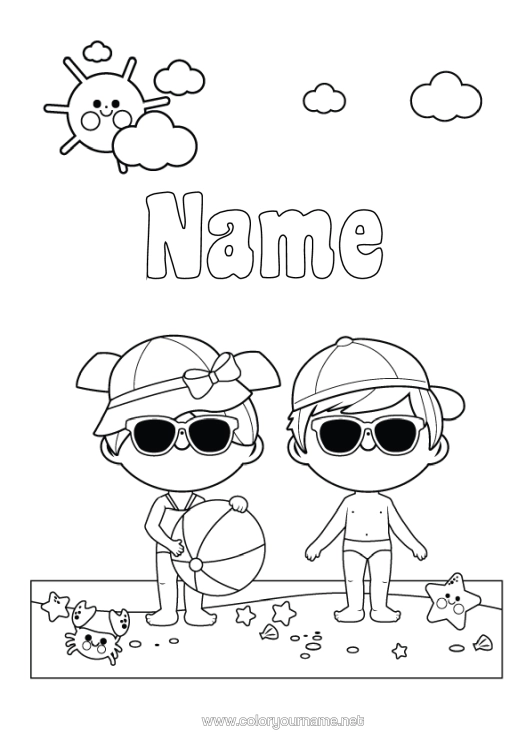 Colouring page to print Girl Boy Beach Sea Sunglasses