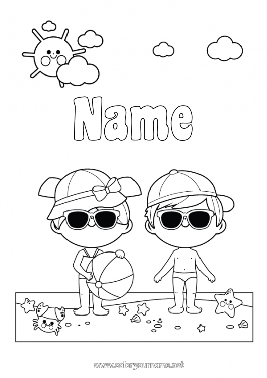 Coloring page to print Girl Boy Beach Sea