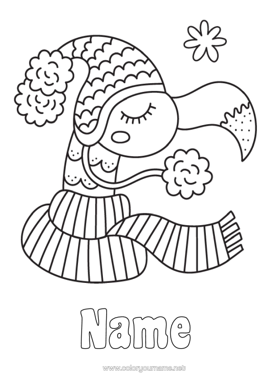 Colouring page to print Winter Bird Animal Pink Flamingo Birds And Flying Mammals Winter Hat