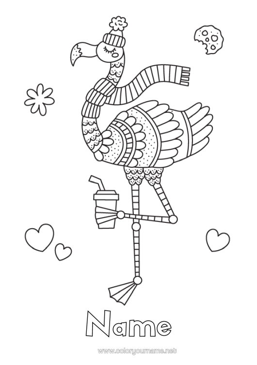 Colouring page to print Winter Bird Animal Drink Pink Flamingo Birds And Flying Mammals
