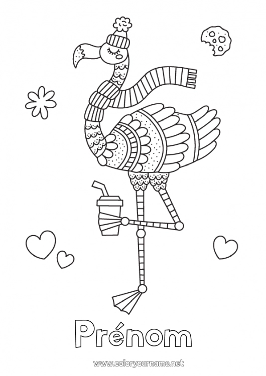 Coloriage à imprimer Hiver Oiseau Animal Boisson Flamant rose Oiseaux et mammifères volants