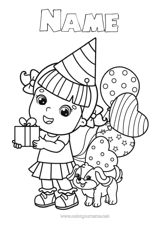 Colouring page to print Gifts Birthday Balloons Girl