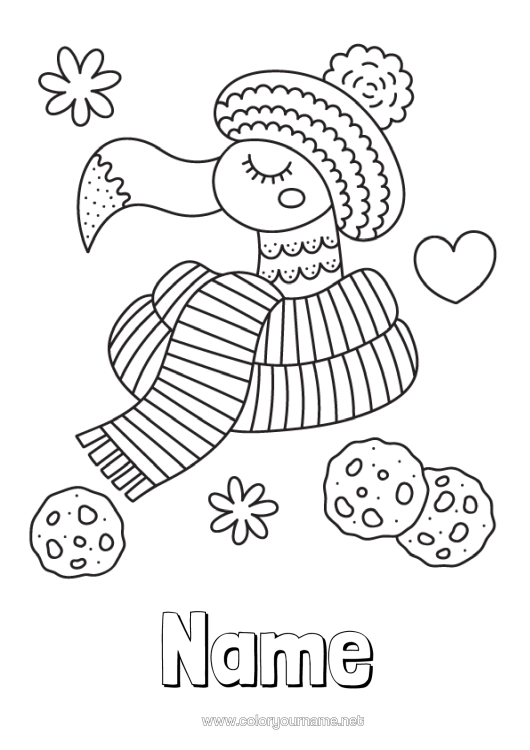 Colouring page to print Winter Bird Animal Treats, Sweets Pink Flamingo Birds And Flying Mammals Winter Hat Biscuit