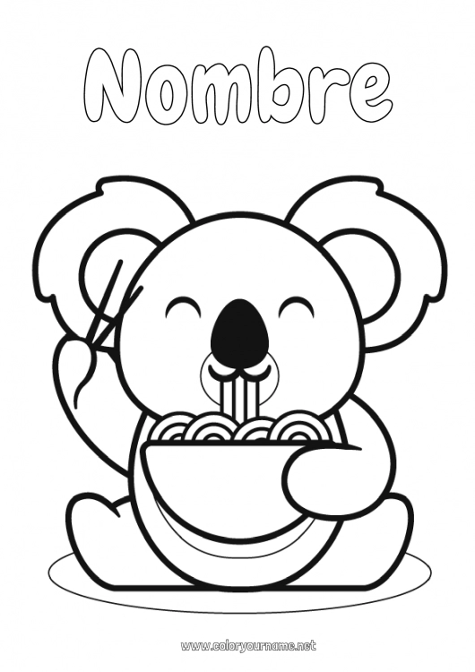 Dibujo para colorear para imprimir Kawaii Alimento Animales Koala Dibujos fáciles para colorear Otros animales del mundo Ramen