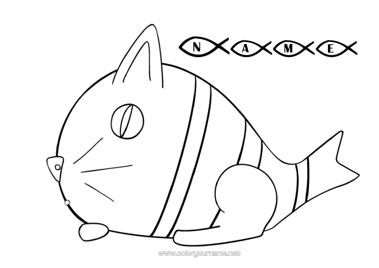 Colouring page to print Cat Animal Fish April Fool's Day Easy Colouring Pages Marine Or Aquatic Animals Dogs And Cats