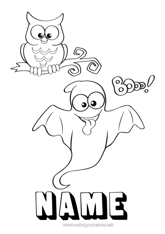 Colouring page to print Ghost Halloween Owl, Tawny Owl Birds And Flying Mammals Boo