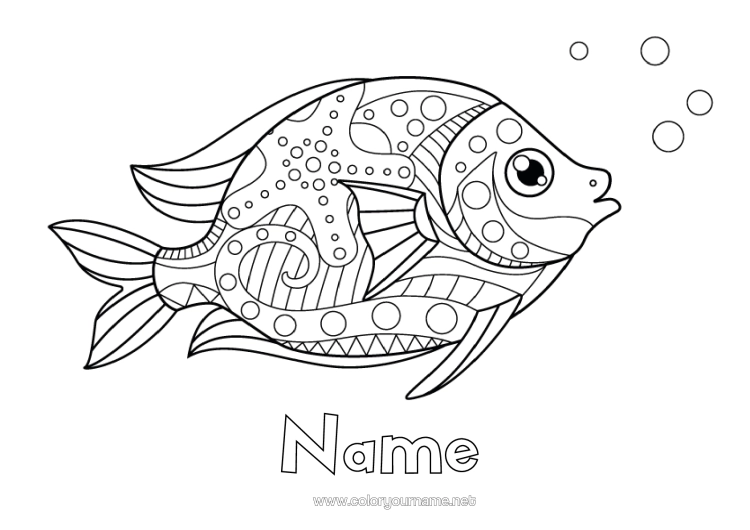 Colouring page to print Calm And Zen Summer Animal Fish April Fool's Day Zentangle Marine Or Aquatic Animals