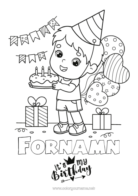 Färgläggningssida att skriva ut Kaka Gåvor Födelsedag Ballonger Pojke Mellannivå färgläggningar Grattis på födelsedagen!