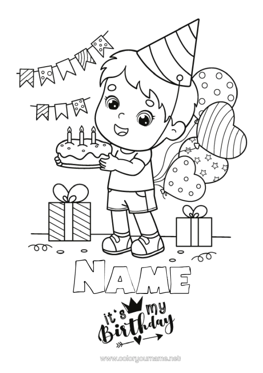 Colouring page to print Cake Gifts Birthday Balloons Boy Intermediate Colouring Sheets Happy Birthday Message
