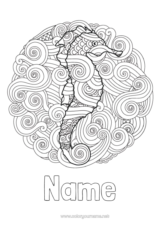 Colouring page to print Mandala Sea Animal Seahorse Complex Colouring Pages Marine Or Aquatic Animals Waves