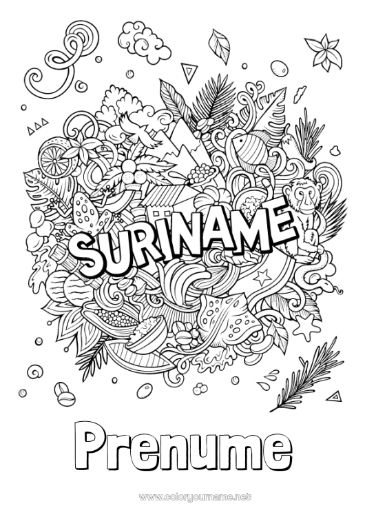 Pagină de colorat de imprimat Geografie Simboluri Desene de colorat complexe Țară Surinam