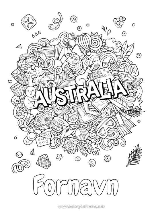 Farvelægningssiden til udskrivning Geografi Symboler Komplekse farvelægninger Land Australien