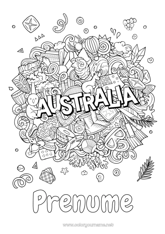 Pagină de colorat de imprimat Geografie Simboluri Desene de colorat complexe Țară Australia - Australia