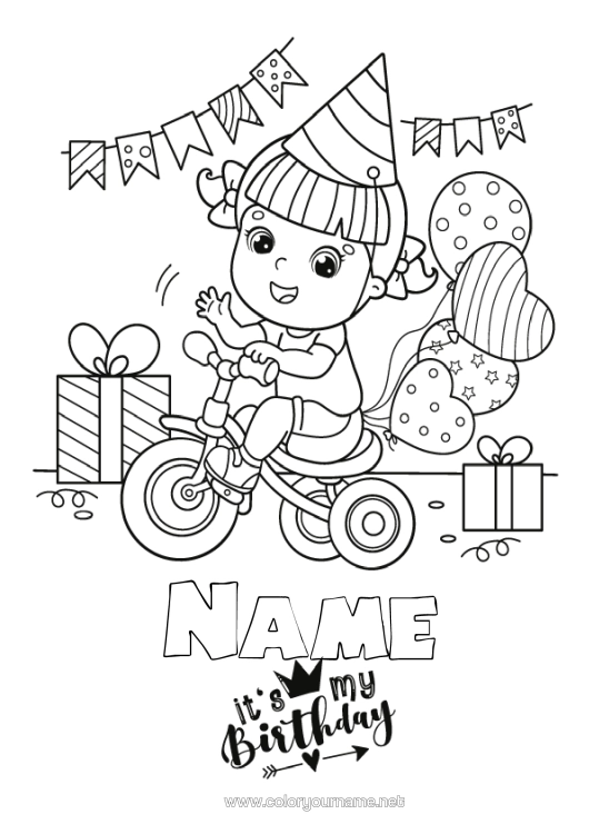 Colouring page to print Gifts Birthday Balloons Party Girl Intermediate Colouring Sheets Bicycle Happy Birthday Message Two-Wheeled Vehicles Tricycle