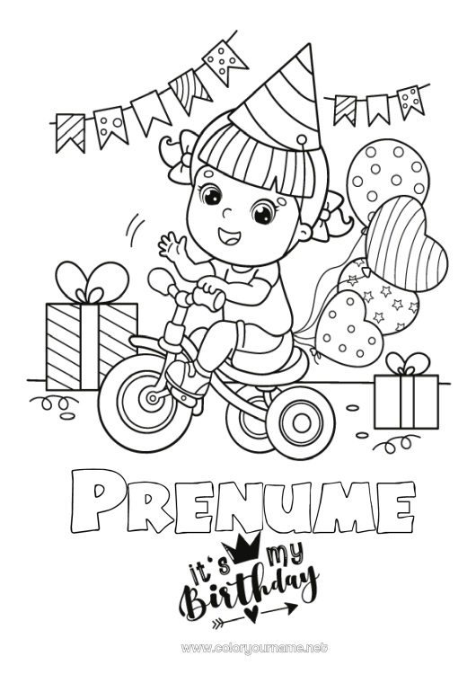 Pagină de colorat de imprimat Cadouri Aniversare Baloane Sărbătoare Fată Colorează intermediare Bicicletă La mulți ani! Vehicule cu două roți