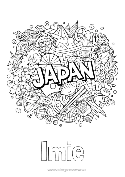 Kolorowanka do wydruku Geografia Japon Symbole Złożone kolorowanki Kraj Sushi Ramen