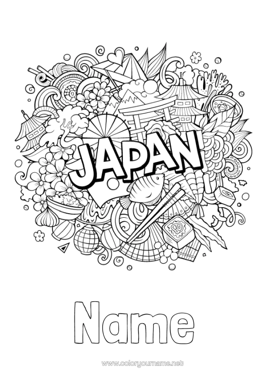 Colouring page to print Geography Japan Symbols Complex Colouring Pages Country Sushi Ramen