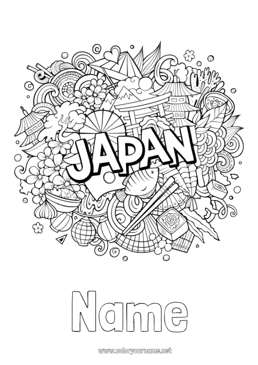 Coloring page to print Geography Japan Symbols Complex coloring pages Country Sushi