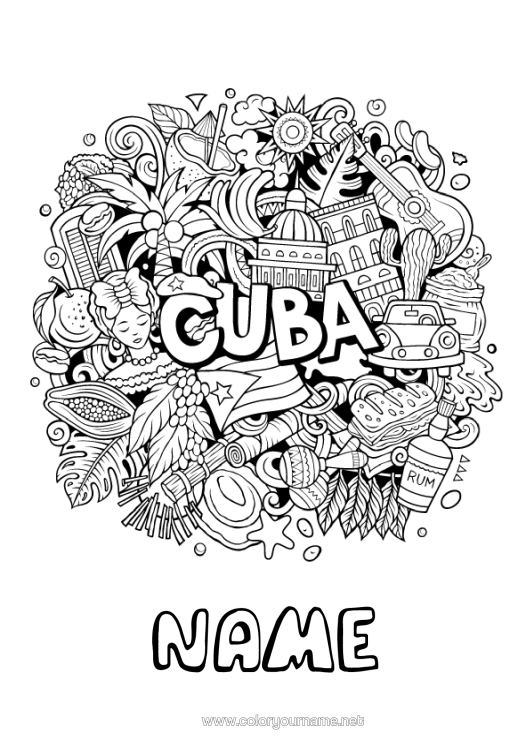 Colouring page to print Geography Symbols Complex Colouring Pages Country Cuba Maracas Musical Instruments