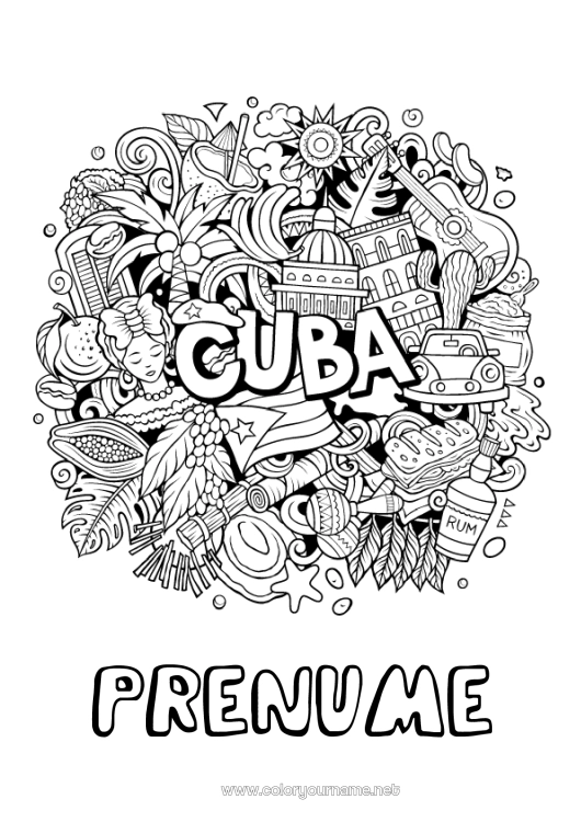 Pagină de colorat de imprimat Geografie Simboluri Desene de colorat complexe Țară Cuba Maracas Instrumente muzicale