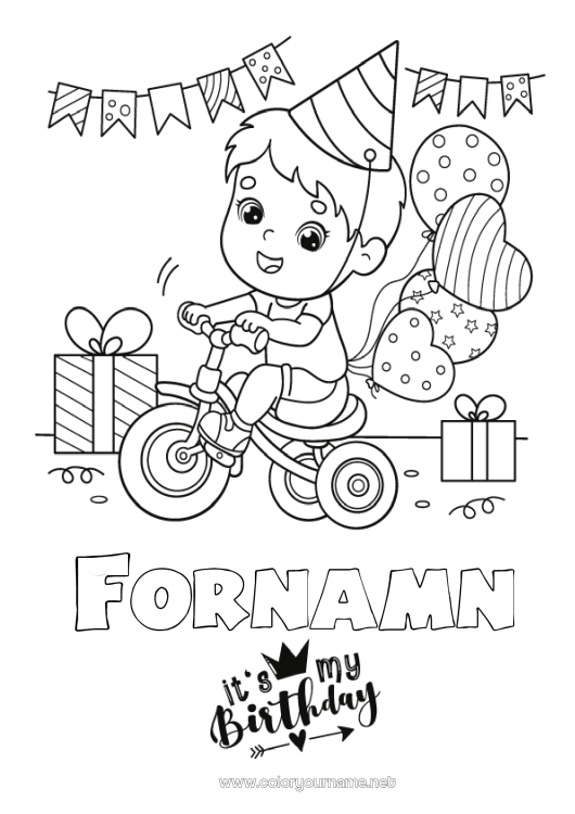 Färgläggningssida att skriva ut Gåvor Födelsedag Ballonger Fest Pojke Mellannivå färgläggningar Cykel Grattis på födelsedagen! Tvåhjuliga fordon