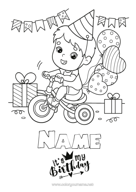 Colouring page to print Gifts Birthday Balloons Party Boy Intermediate Colouring Sheets Bicycle Happy Birthday Message Two-Wheeled Vehicles Tricycle