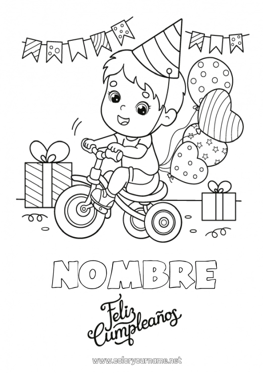 Dibujo para colorear para imprimir Regalos Cumpleaños Globos Fiesta Chico Dibujos intermedios para colorear Bicicleta Mensaje de feliz cumpleaños (inglés) Vehículos de dos ruedas