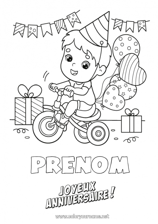 Coloriage à imprimer Cadeaux Anniversaire Ballons Fête Garçon Coloriages intermédiaires Vélo Joyeux anniversaire (français) Message Véhicules à deux roues