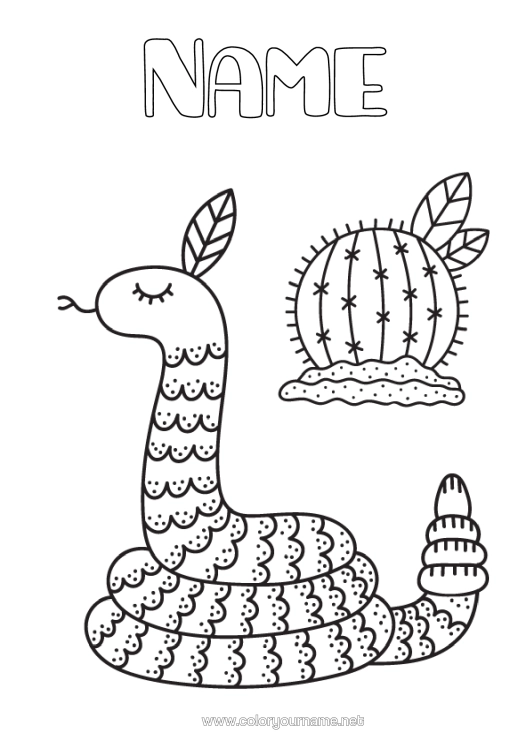 Colouring page to print Animal Snake Cactus Reptiles
