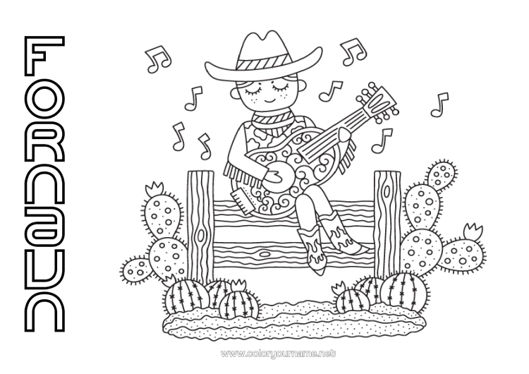 Farvelægningssiden til udskrivning USA Musik Kaktus Cowboy Vilde Vesten Musikfest