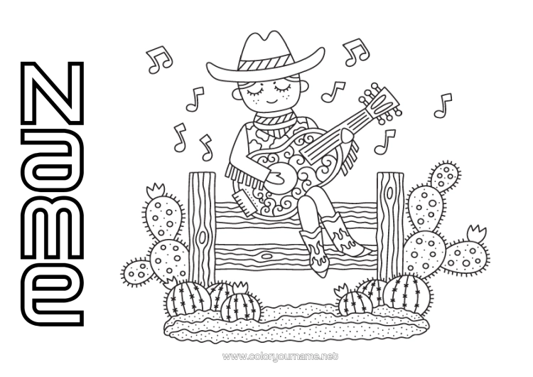Colouring page to print United States Of America Music Cactus Cowboy Wild West Music Day