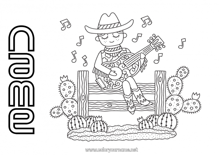 Coloring page to print USA Music Cactus Cowboy Far West World Music Day