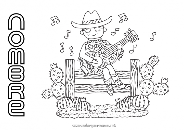 Dibujo para colorear para imprimir Estados Unidos Música Cactus Cowboy Lejano Oeste Día Mundial de la Música