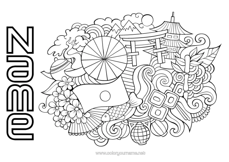 Colouring page to print Geography Japan Flag Symbols Country Cherry Tree Pagoda