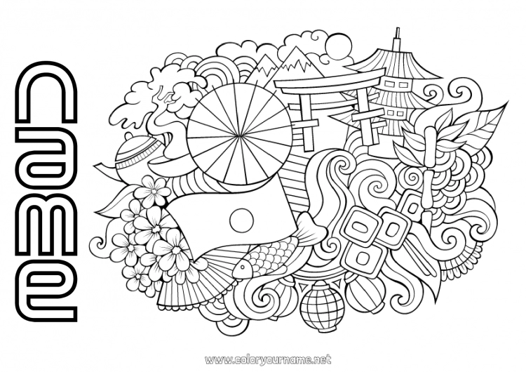 Coloring page to print Geography Japan Flag Symbols Country Cherry tree Pagoda