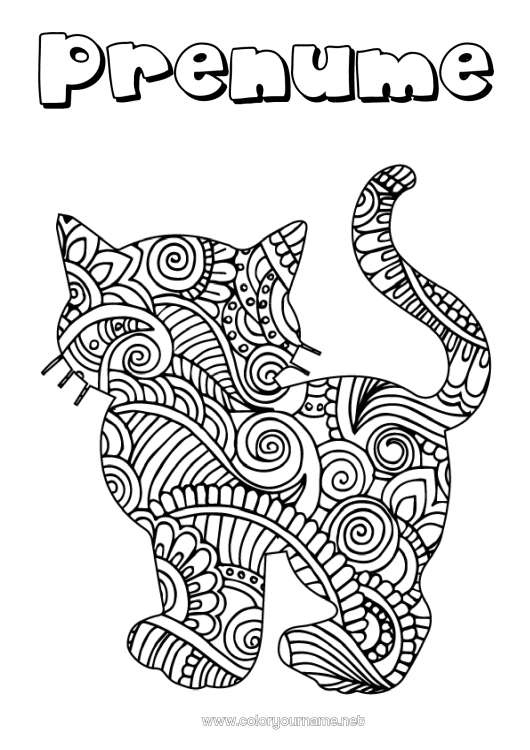 Pagină de colorat de imprimat Liniștit și zen Pisică Mandala Animal Zentangle Câini și pisici